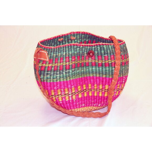 Vtg Hemp Hand woven Bucket Tote Shoulder Bag Purse Leather Straps Button Guatema - Picture 7 of 7